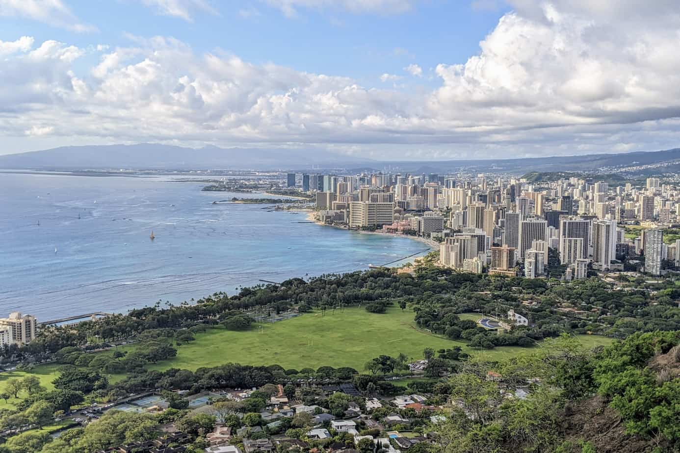View of Waikiki From Diamond Head- City building on the beach with ocean