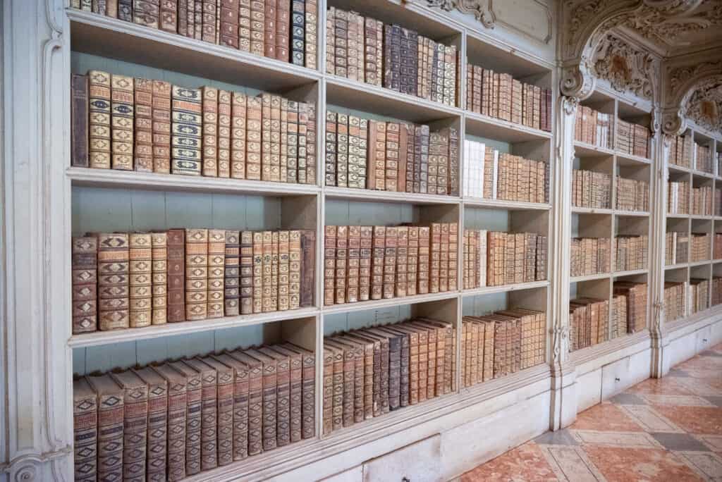 White wooden bookshelves line the whole wall. They are lined with worn brown books.