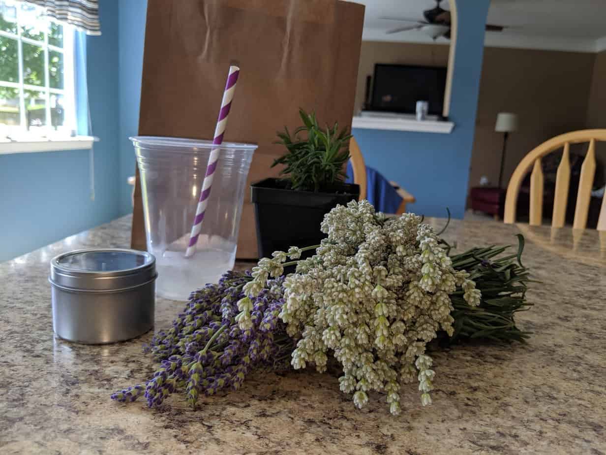 Lavendar bouquets with a drink, candle, and plant on a counter.