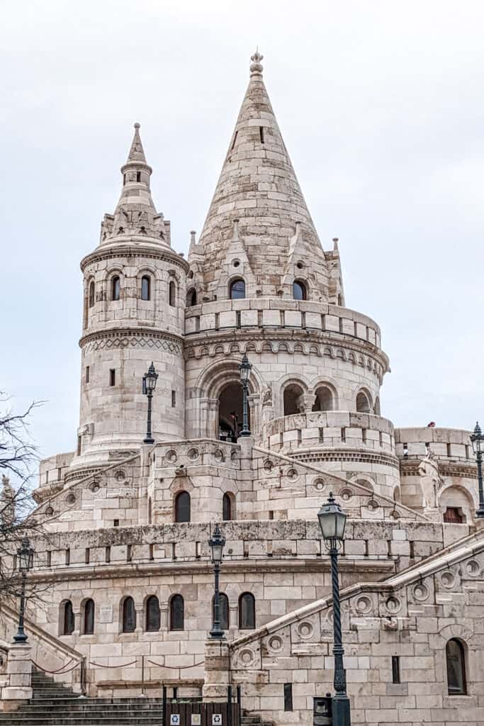 Fisherman's Bastion in Budapest. Round turrets with staris going up the front.