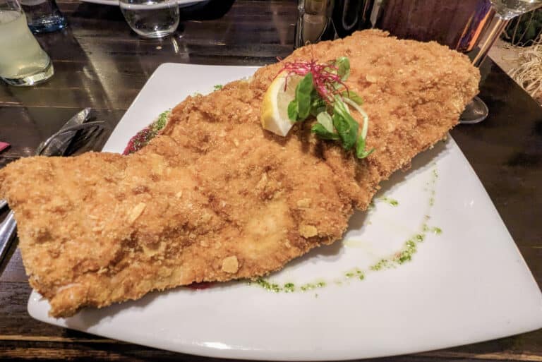 Fried schnitzel- gluten-free. On a white plate