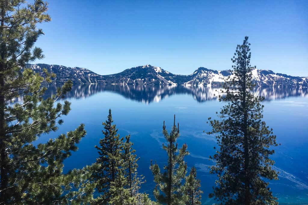Crater Lake with reflection on clear water. The sky and lake are vibrant blue with snow on the mountains and trees in the foreground.