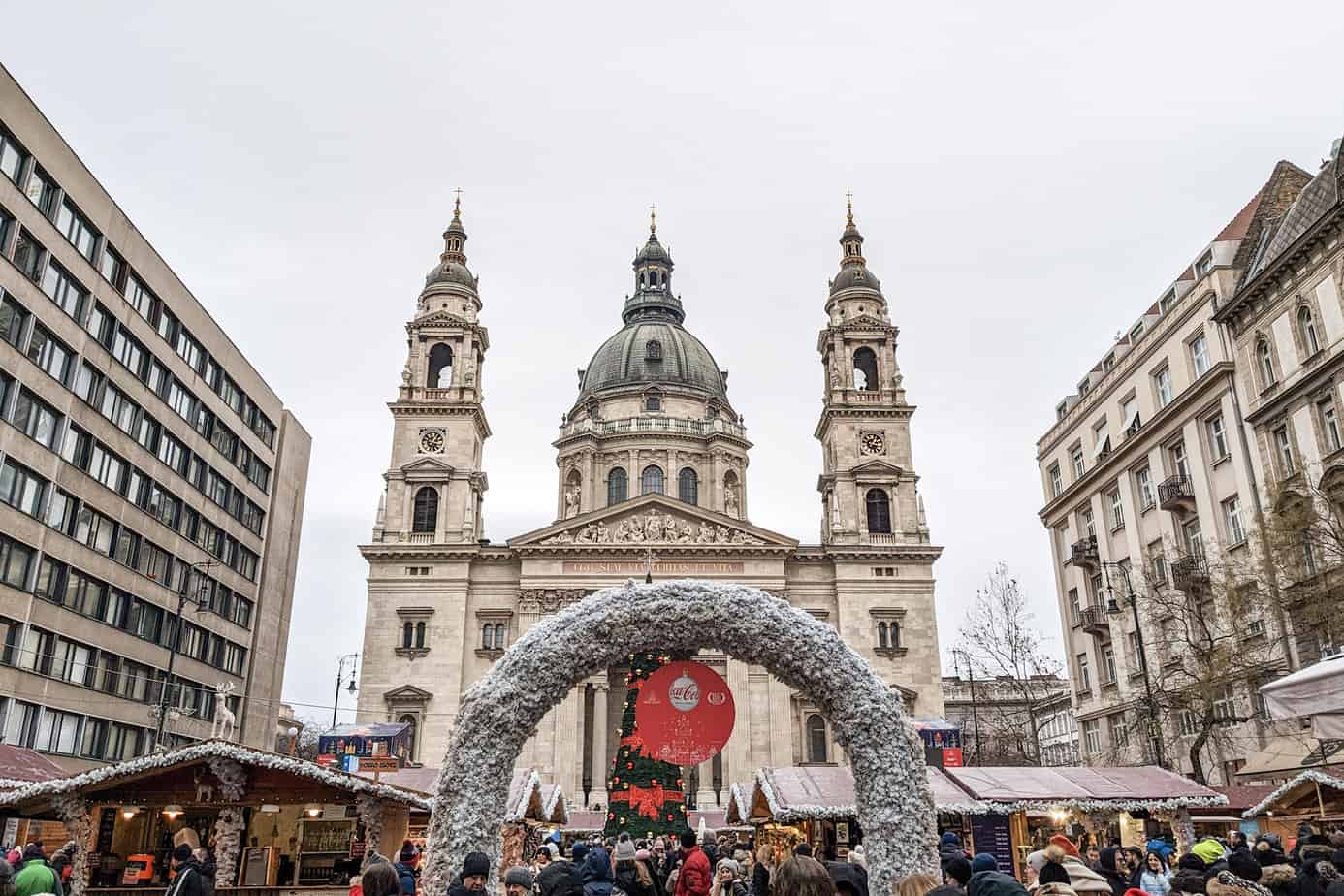 St. Stephens Basilica with Christmas tree, arch, and market stalls