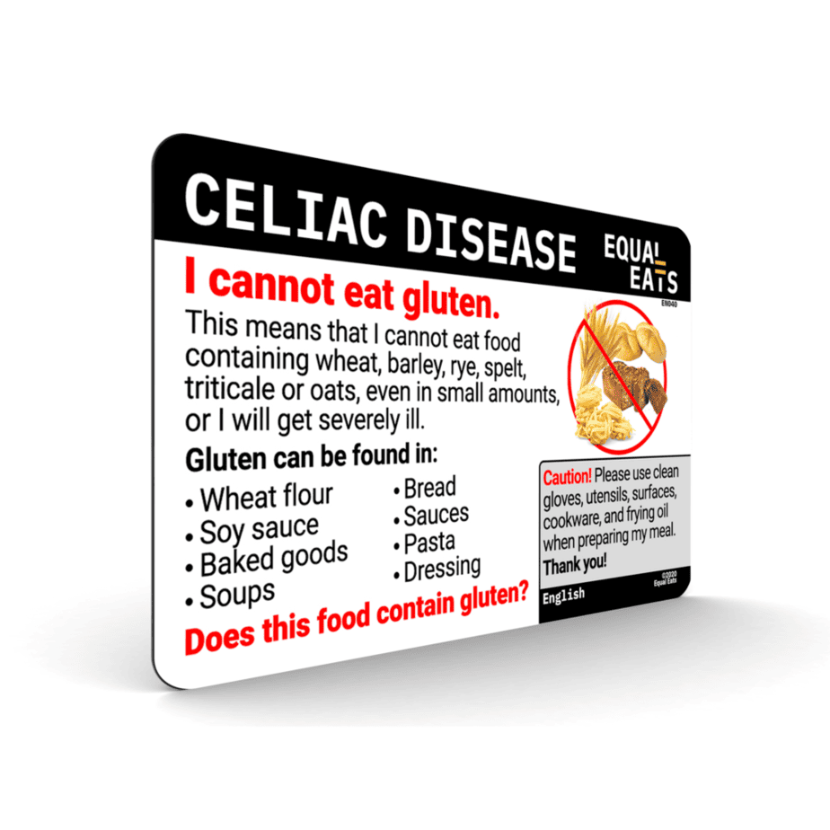 Dietary card with Celiac Disease specific information for restaurant staff. Made by Equal Eats