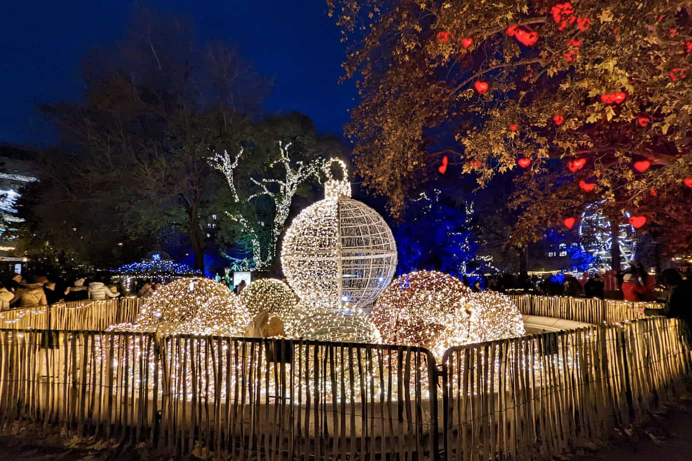 Large round ornaments made from twinkle lights